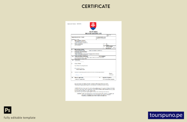 listo para imprimir certificado de defunción de Eslovaquia plantilla en Word y P
